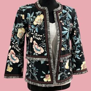🌸 LOFT! GORGEOUS! FLORAL COTTON TWILL BLAZER/JACKET! UNIQUE FRINGE TRIM!